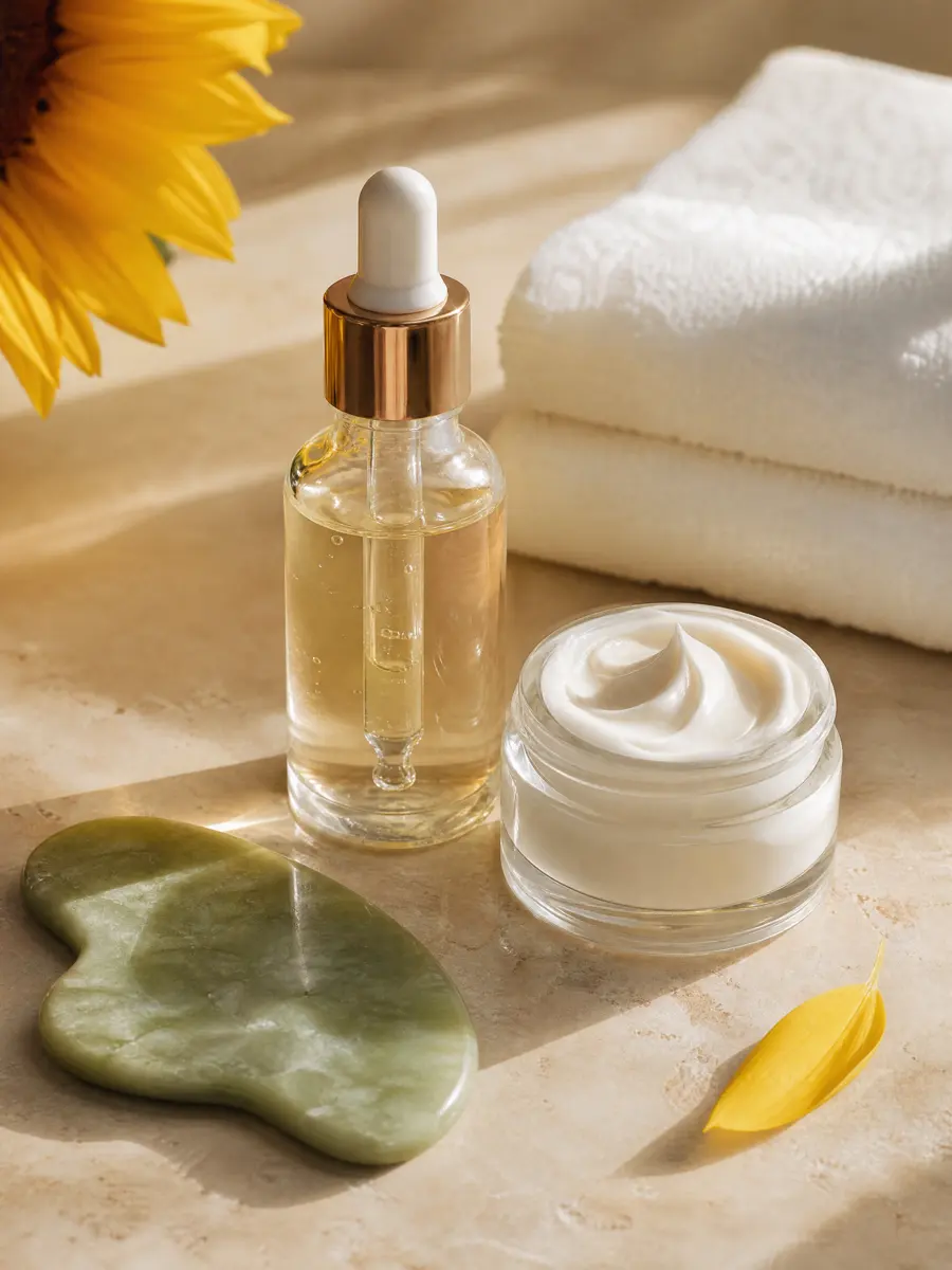Frasco de sérum, creme e pedra de jade sobre bancada clara